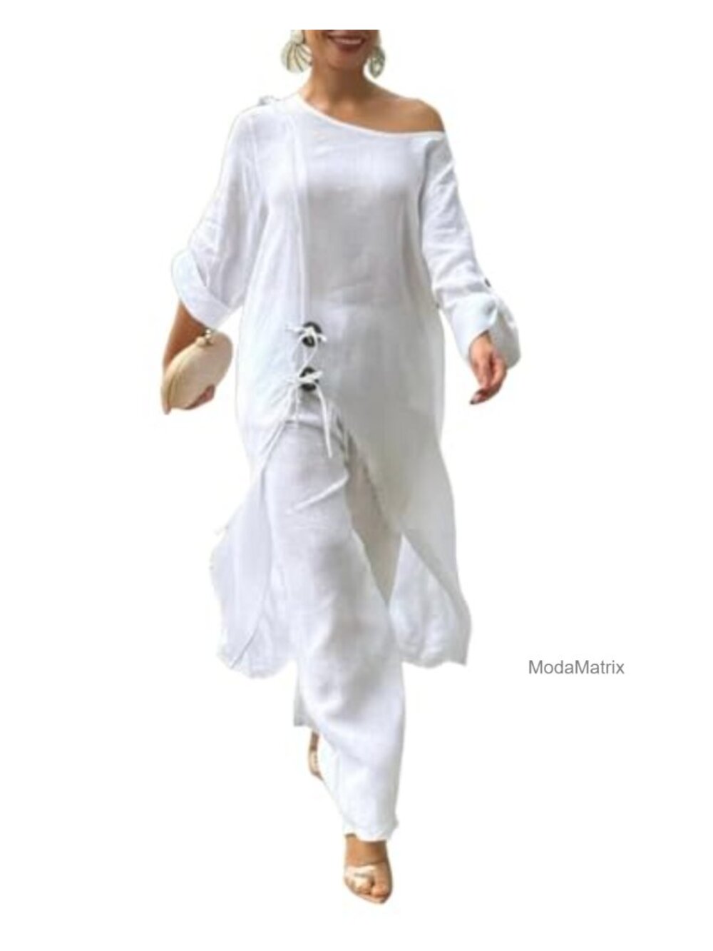 Viscose Cold Shoulder 2 Piece Lounge Set Wide Leg Pants Vacation Outfit